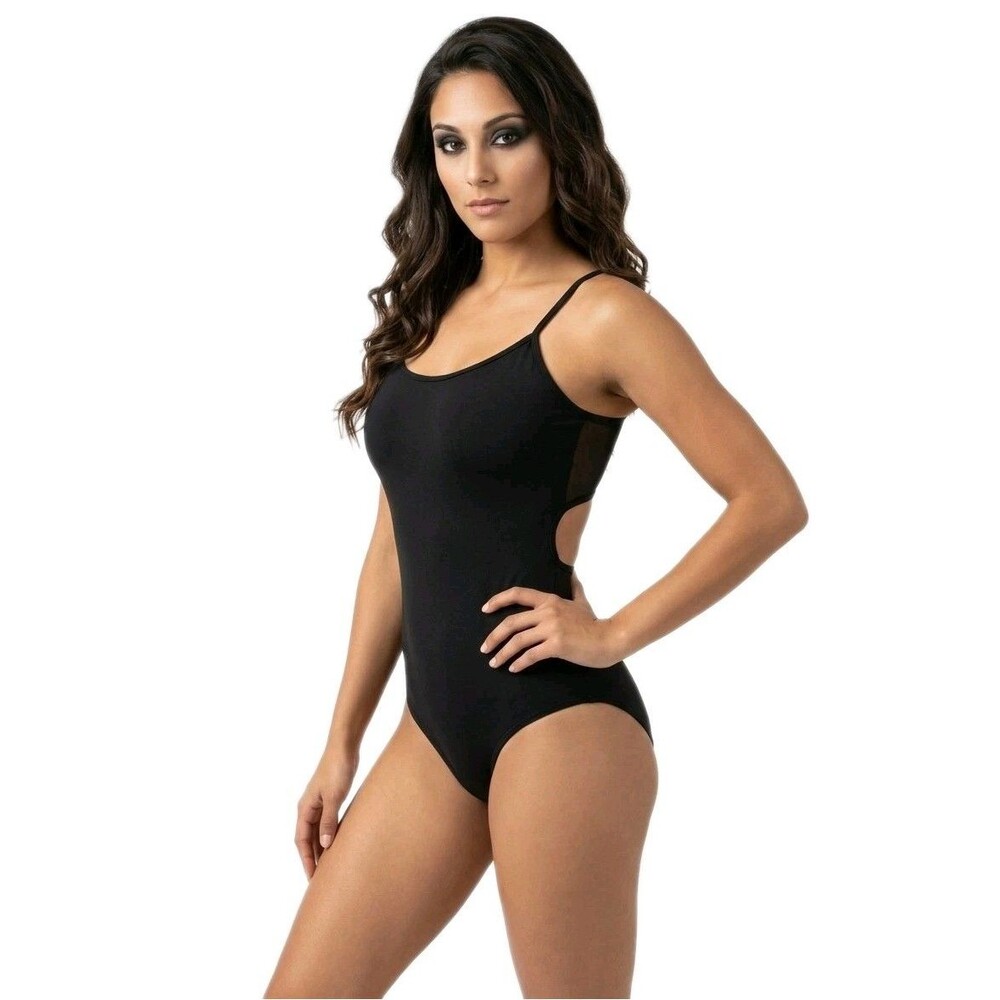Aja VTG Open Back Cutout Crossback Strappy Tank Leotard Black Mesh Panel Size S - Picture 3 of 16